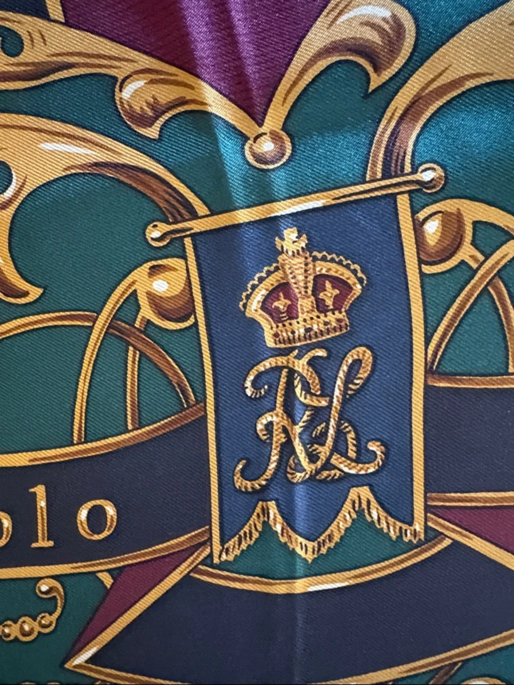 Vintage Polo Ralph Lauren Heraldic Silk Scarf - Teal, Navy, Gold, Burgundy